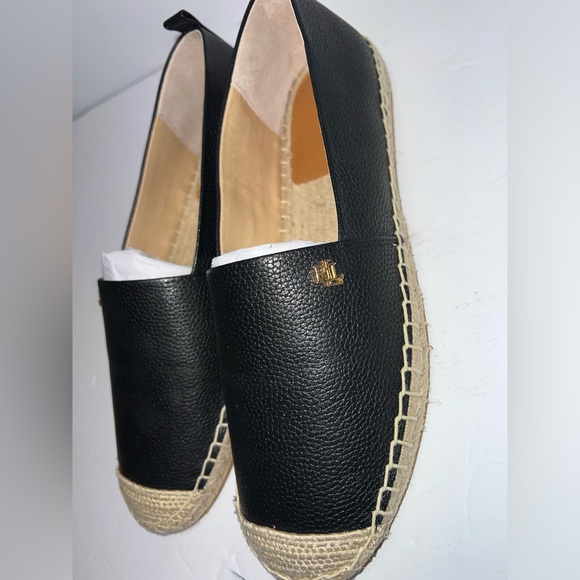 $125 Ralph Lauren Cameryn Espadrille Flat Shoes Tumbled Leather Black Size 8.5 - Picture 3 of 13